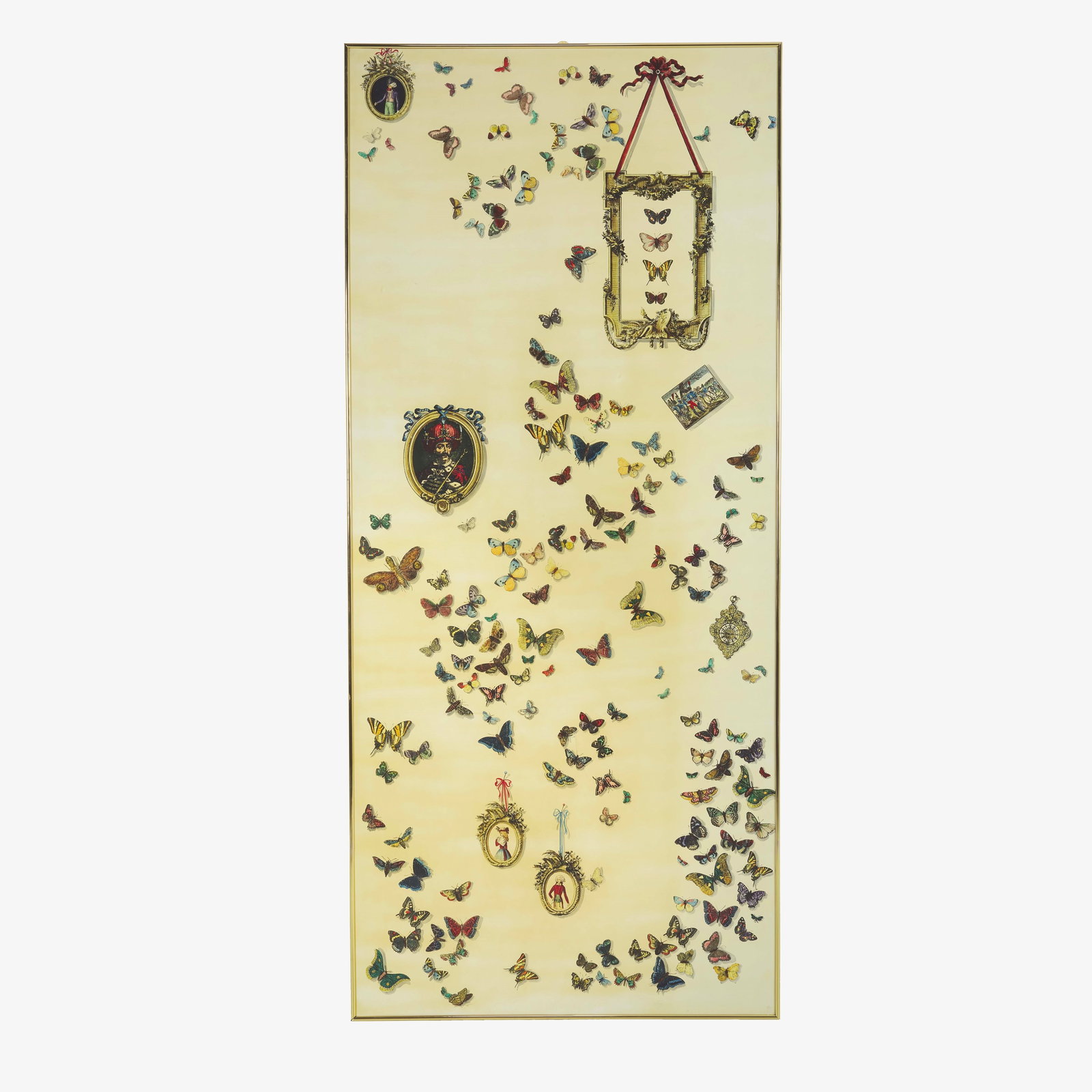 Piero Fornasetti Decorative panel: Wooden structure, brass frame. Screen-printed wood with Butterfly decor. From a private collection - Milan. Fornasetti, Italy, c. 1950. B. Fornasetti, Fornasetti La Bottega Fantastica, p. 435,