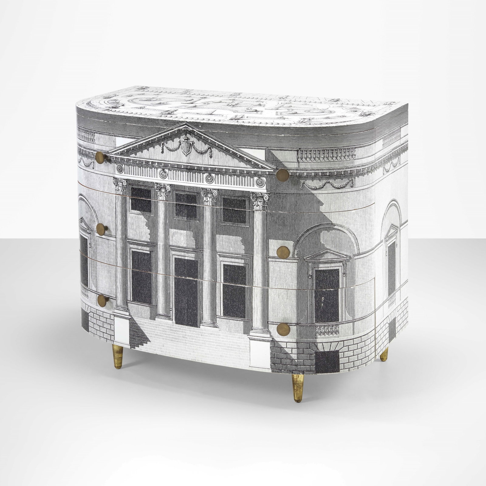 Fornasetti Storage unit mod. Palladiana: Wooden structure and hand-lacquered, silk-screened wood. Brass details. Marked. Fornasetti, Italy, c. 1990. B. Fornasetti, Fornasetti La Bottega Fantastica, p. 380, Electa, 2009. . Measuers: cm