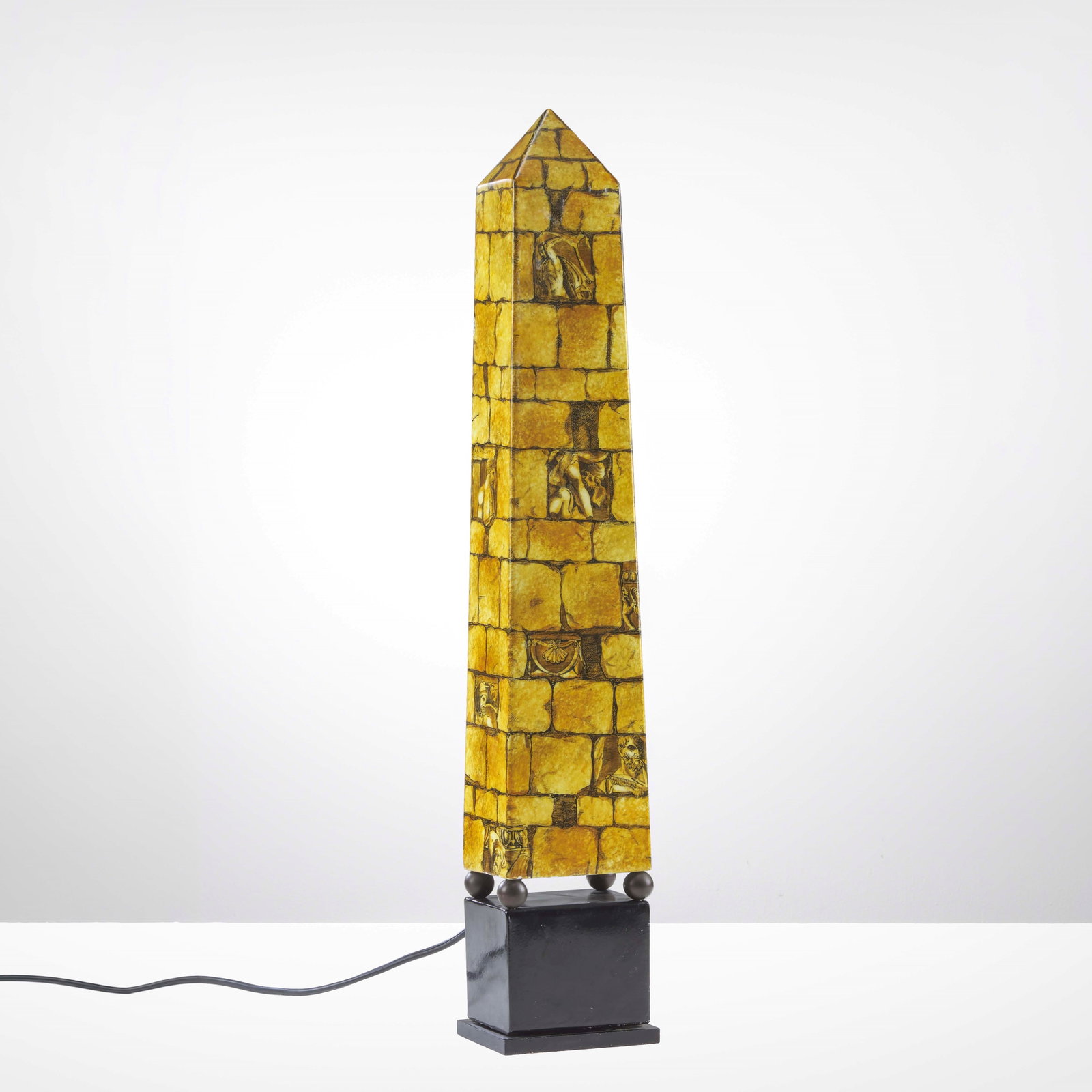Piero Fornasetti Muro Antico table lamp: Hand-painted metal structure, opal perspex diffuser. Marked. Numbered 1/91. Fornasetti, Italy, 1991. B. Fornasetti, Fornasetti la bottega fantastica, p.485, Electa 2009. . Measuers: Cm 10X6X61