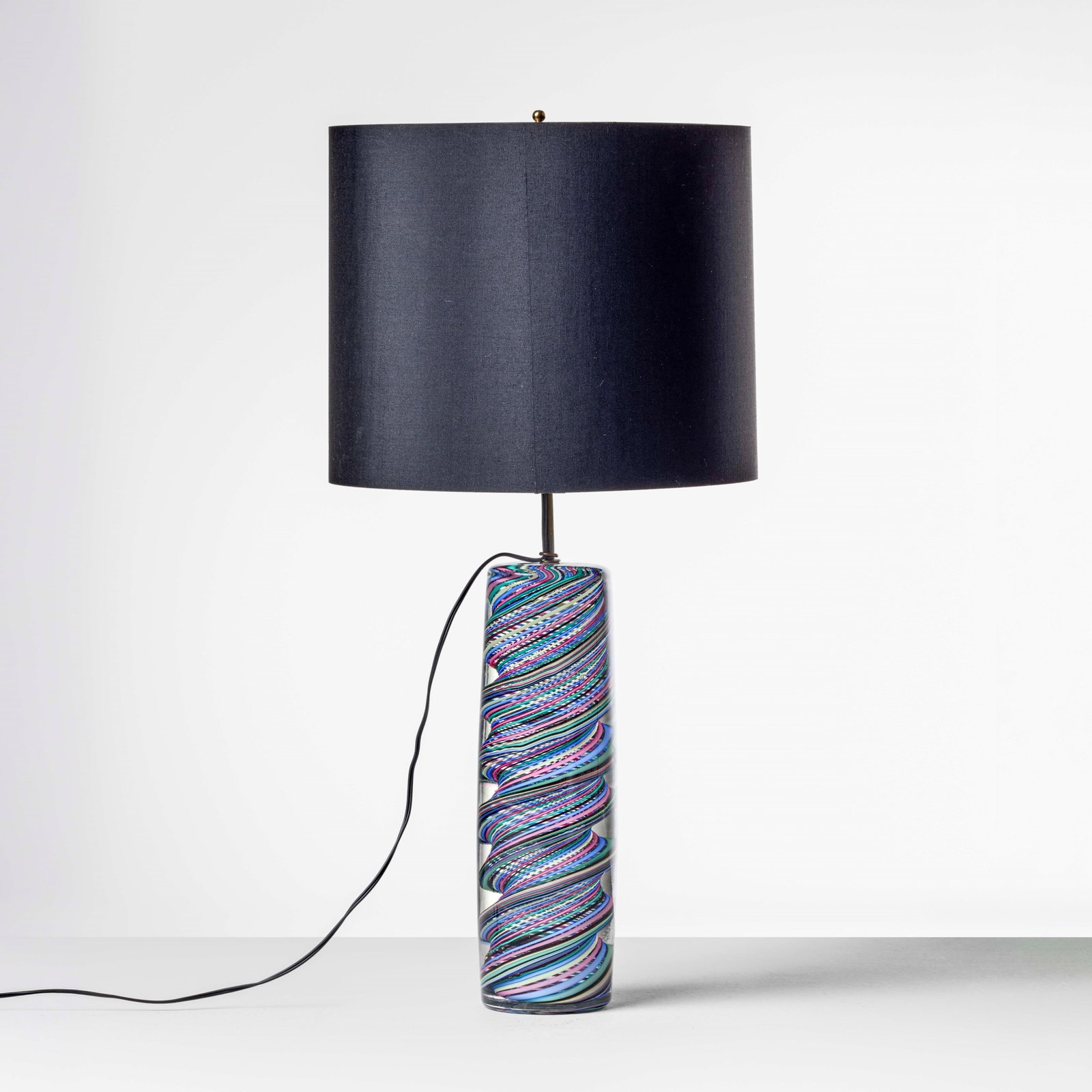 Paolo Venini Table lamp.: Base in multicolored Ballottino Murano glass. Shade in linen paper. Etched signature. Venini, Italy, 1954. (similar model) M. Barovier and C. Sonego, Paolo Venini e la sua fornace, p. 309, Skira,