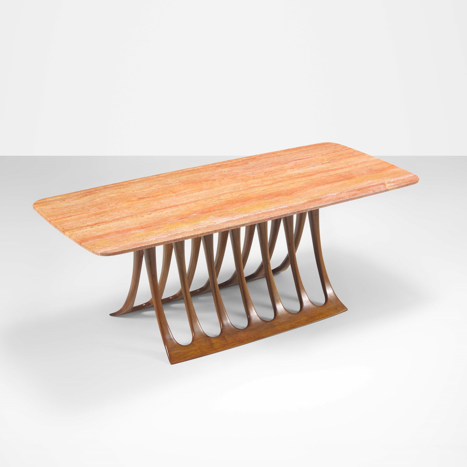 Osvaldo Borsani Low table mod. 6193: Wooden structure, Travertino Rosso marble top. ABV Arredamenti Borsani, Varedo, Italy, c. 1940. G. Bosoni, Osvaldo Borsani, architetto, designer, imprenditore, p. 269, Skira, 2018. . Measuers: Cm 126,