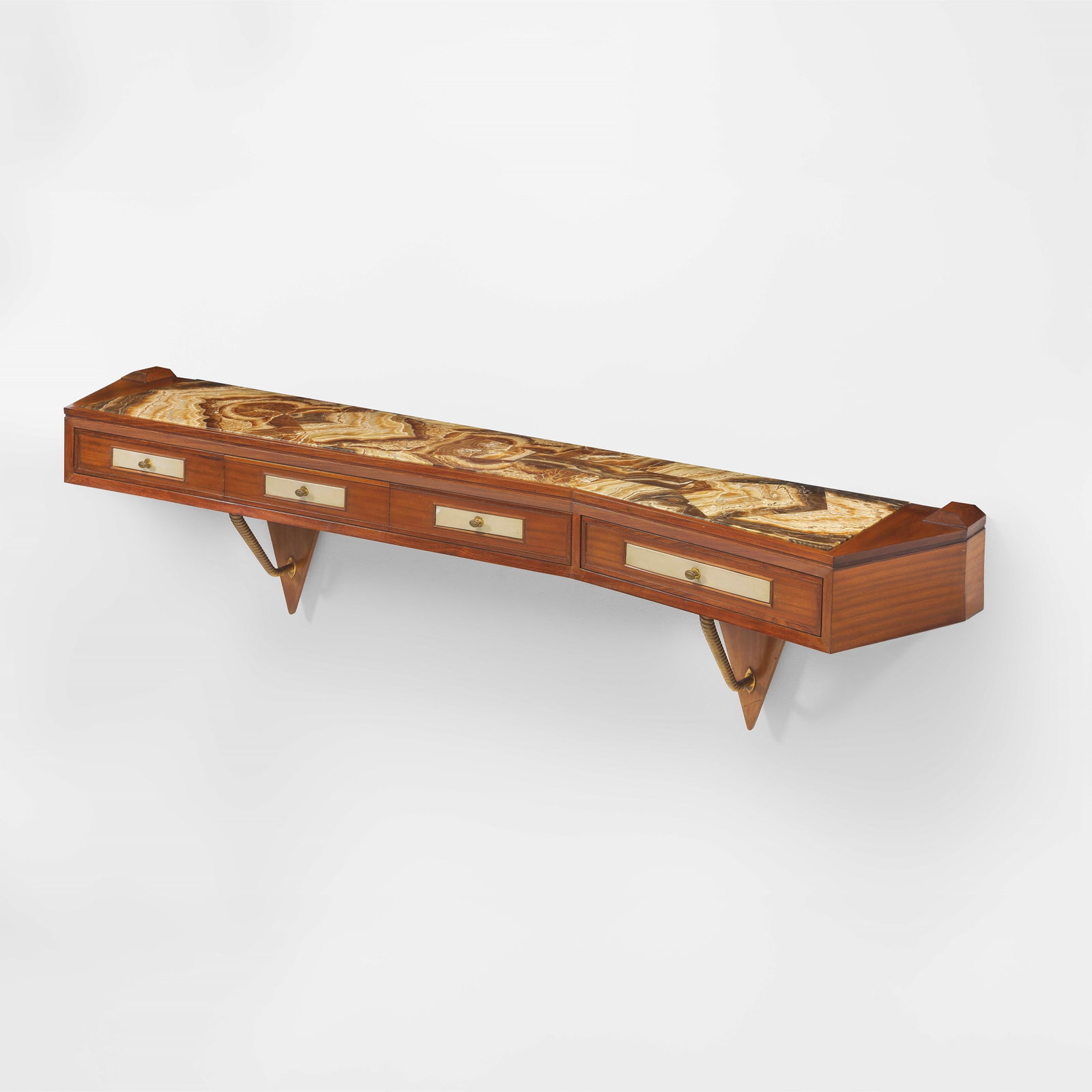 Ebanisteria Italiana Console: Wooden structure, wood and Alabastro Fiorito top, with metal inserts. Brass and leather details. Italy, c. 1950. . Measuers: W. 236 - D. 46 - H. 60 Cm