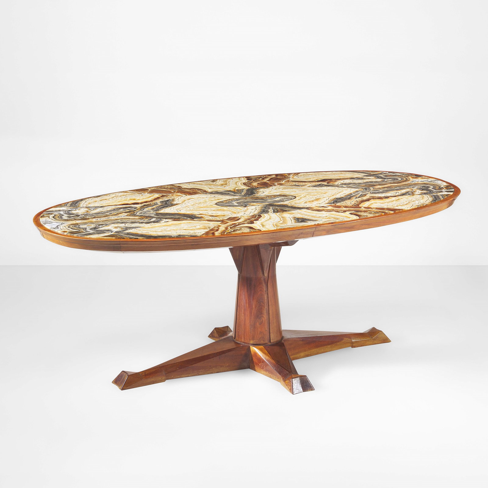 Ebanisteria Italiana Table: Wooden structure, wooden and Alabastro Fiorito top. Metal inserts. Italy, c. 1950. . Measuers: W. 210 - D. 110 - H. 79 Cm