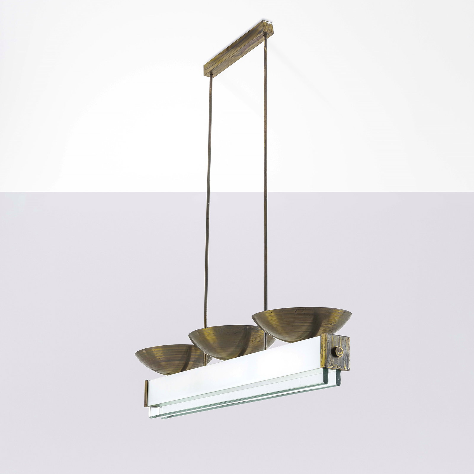 Pietro Chiesa Pendant lamp: Brass structure, thick cut crystal elements. Fontana Arte, Italy, c. 1940. . Measuers: W. 100 - D. 29 - H. 122 cm