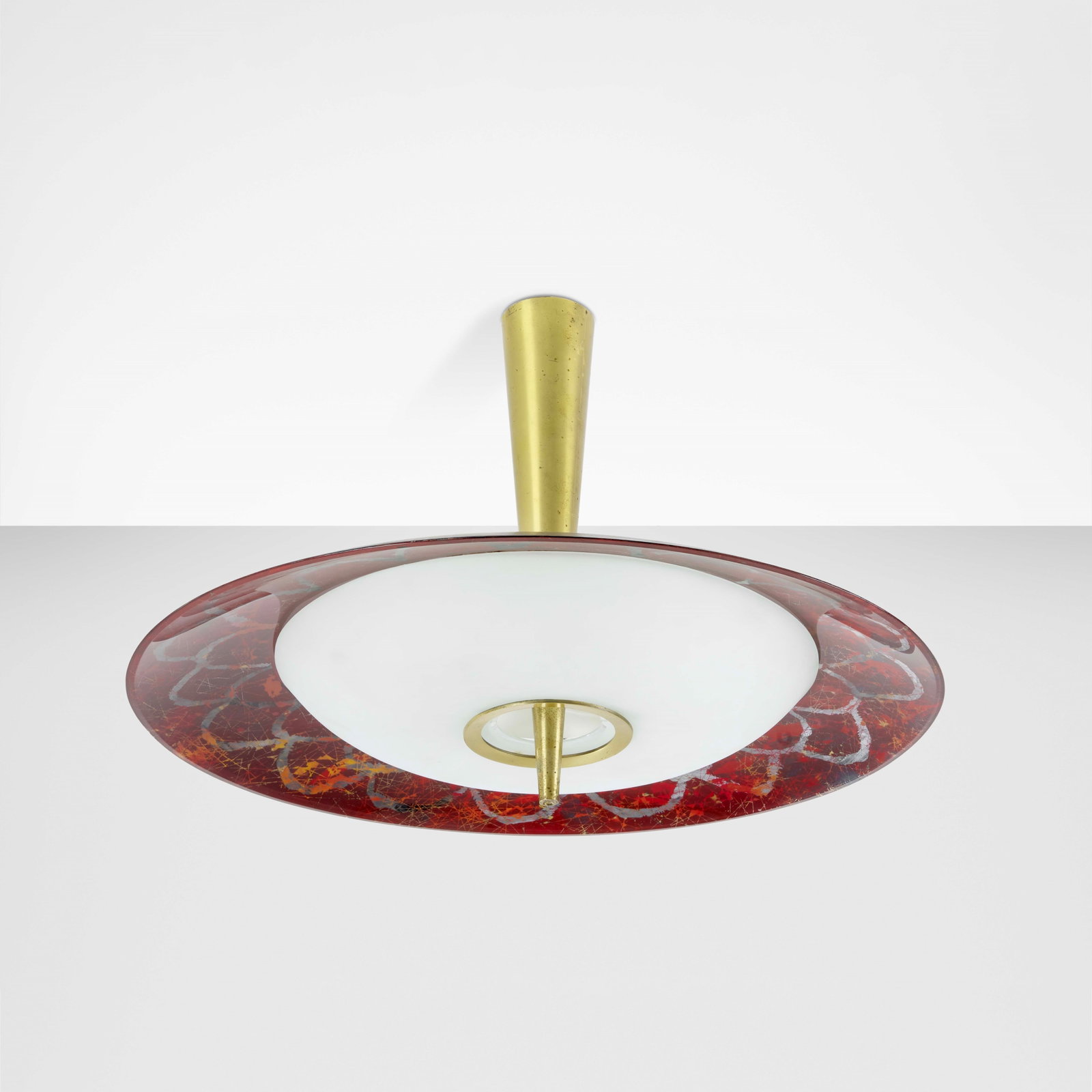 Max Ingrand e Duilio Bernab? detto Dub? Pendant lamp mod. 1462: Brass structure, curved satin-finish crystal diffuser and eglomized painted curved crystal. Fontana Arte, c. 1950. Quaderni Fontana Arte. . Measuers: cm 72X55