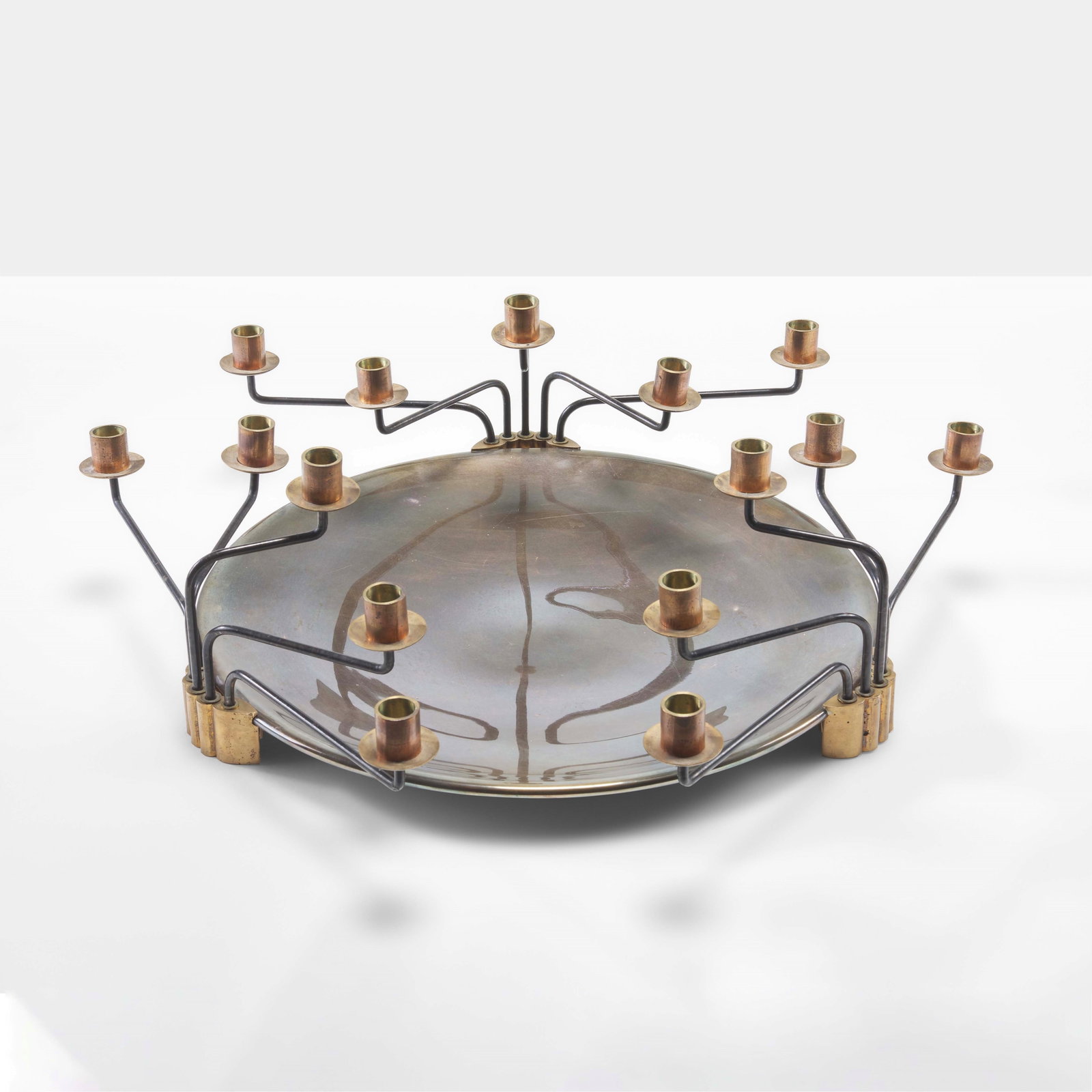Afra e Tobia Scarpa Fifteen-light candelabra.: 999 silver structure, bronze and lacquered metal elements. Marks and hallmarks. Weight: c. 1530g Limited and numbered edition. Original design, 1970. Argenteria San Lorenzo, Italy, 2004. cm 66x h 19