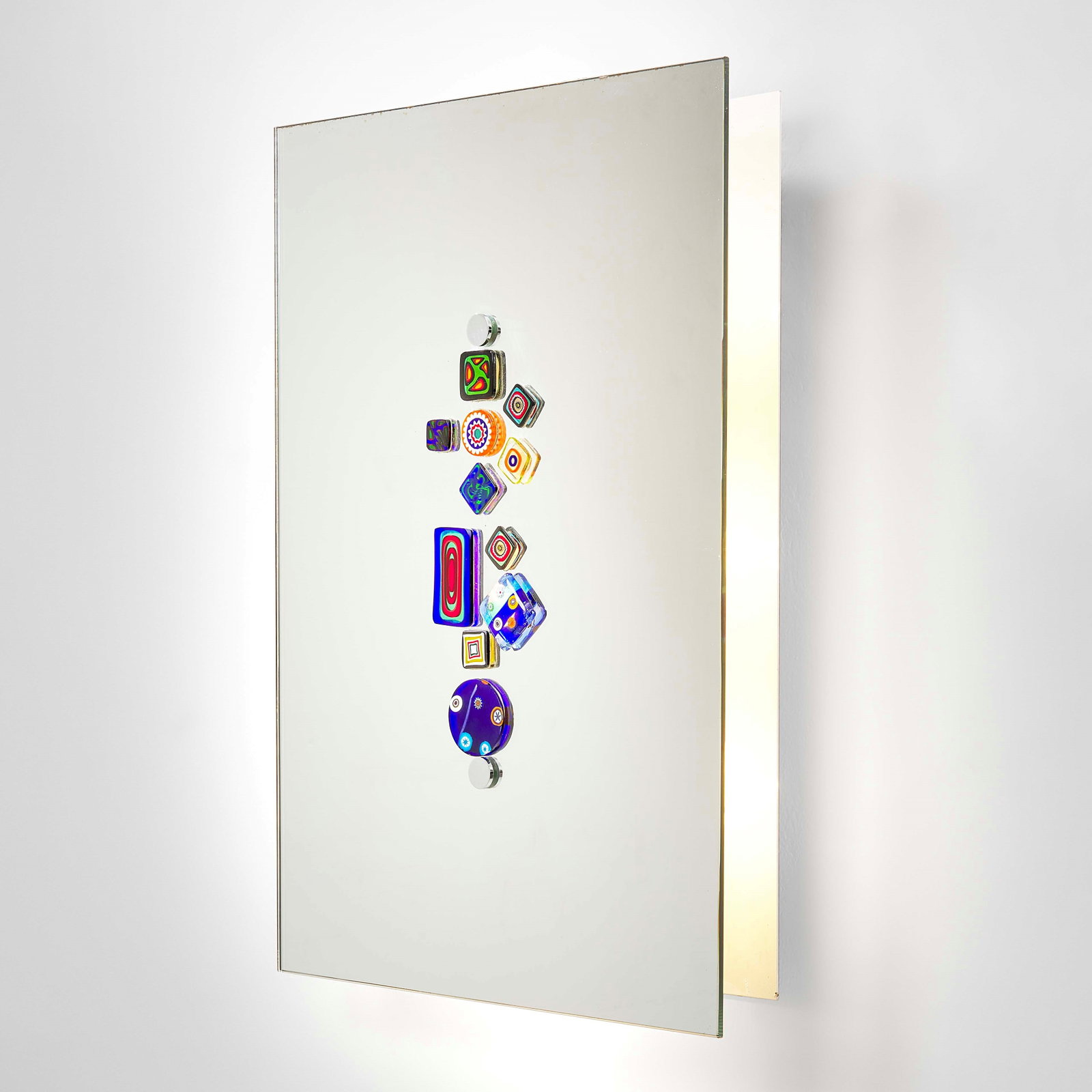 Angelo Lelii Mirrored wall lamp.: Structure in painted and satin-finished stainless steel with mirrored glass coverings. Murano glass murrine inserts, made by Venini. Arredoluce, Italy, 1966. A. Pansera, A. Padoan, A. Palmaghini,