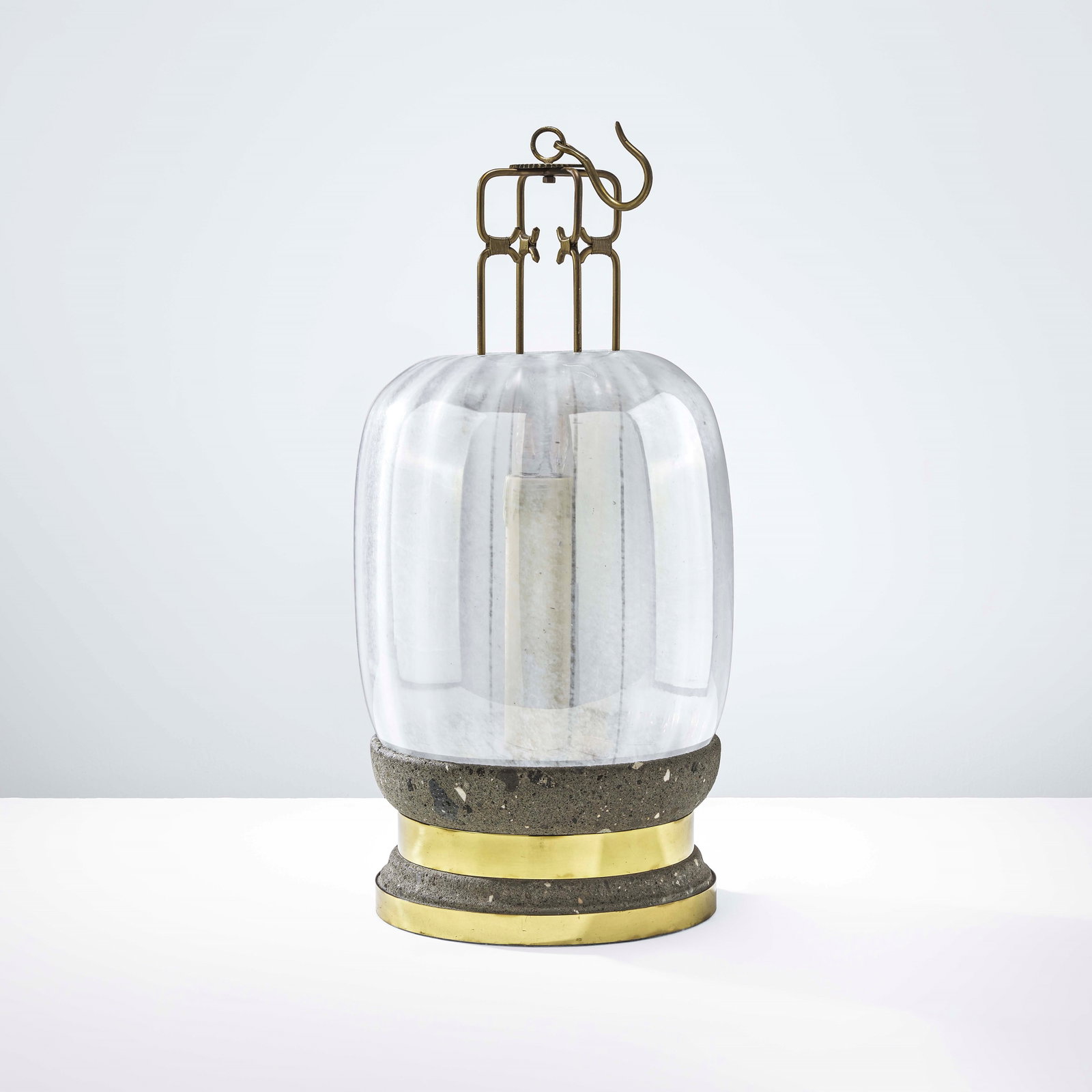 Gabriella Crespi Table lamp mod. Lanterna: Brass and stone structure, Murano glass diffuser. Lacquered wood elements. Engraved signature. Private collection - Milan. Crespi, Italy, 1976. . Measuers: cm 28X64