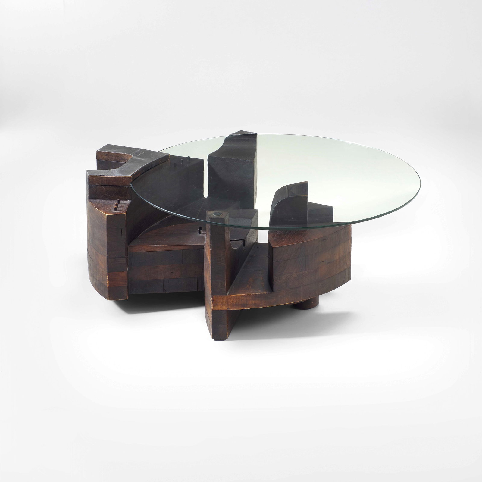 Nerone e Patuzzi Gruppo NP2 Low table mod. C10-T: Wooden structure, glass top and lead elements. Numbered 58/100. Production mark. Forme e Superfici, Italy, c. 1970. Domus, n. 500, luglio 1971 . Measuers: cm 106X95X40