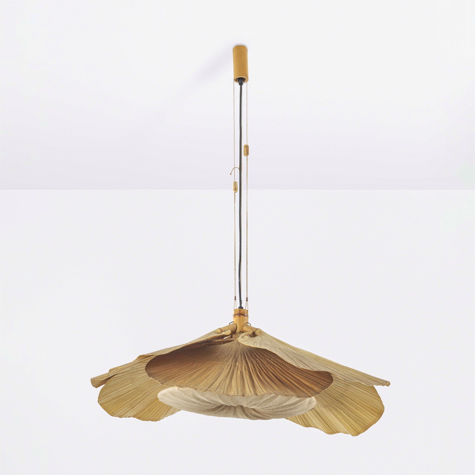 Ingo Maurer Suspension lamp mod. Uchiwa.: Structure in rice paper, bamboo and rattan. Details in metal, wood and rope. Adjustable height. Marked. Design M, Germany, 1973. B. Dessecker, F. Koschembar, K. Wengmann, Ingo Maurer: Designing With