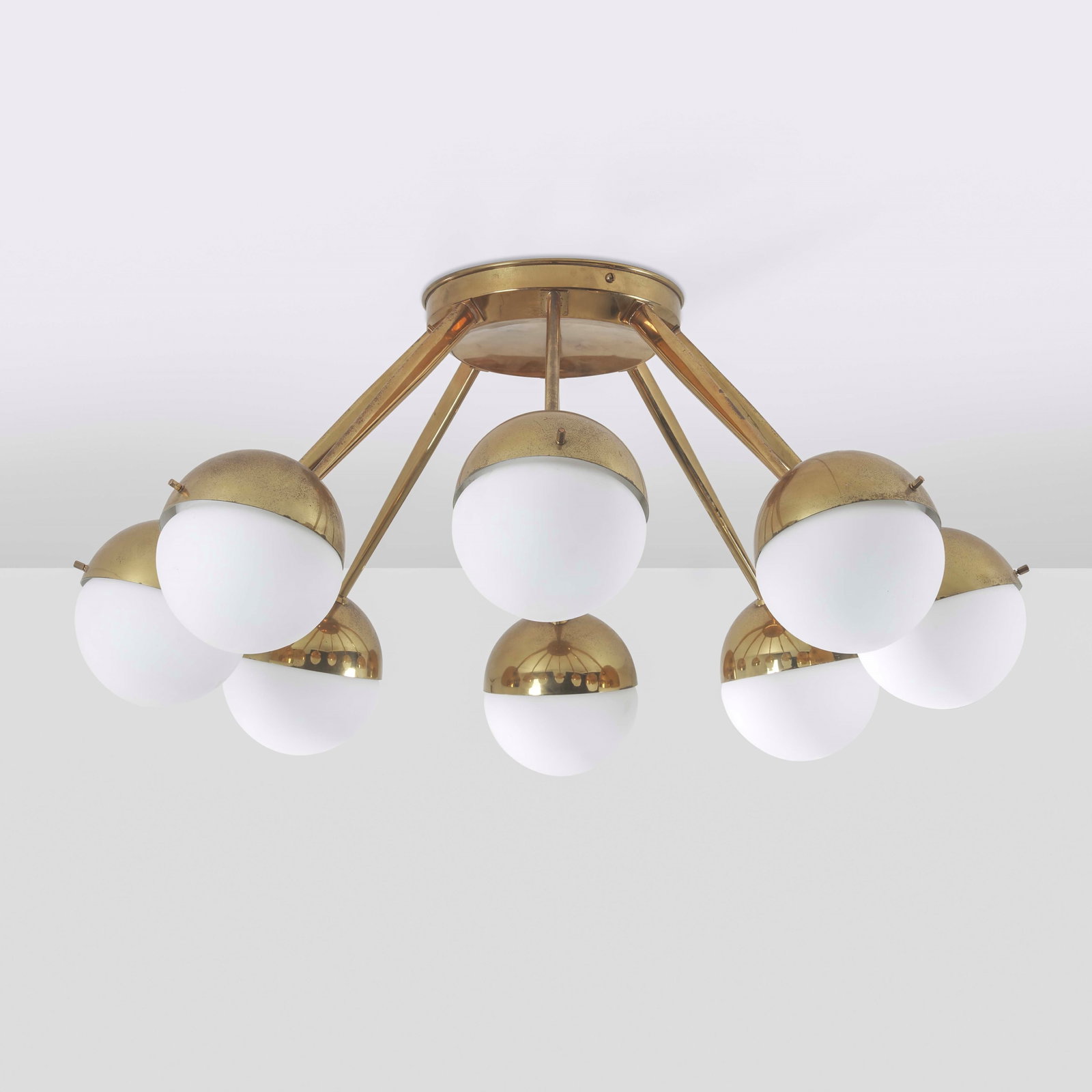Stilnovo Suspension lamp: Structure in brass, opal glass diffusers. Marked. Stilnovo, Italy, c. 1960. . Measuers: Cm 90X35