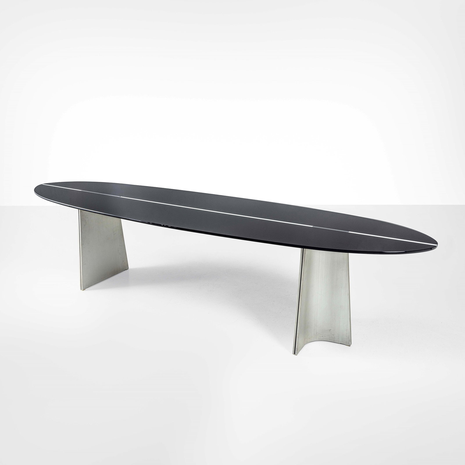 Luigi Saccardo Table mod. UFO: Structure in aluminum, coloured glass top. Prod. Arrmet, Italy, c. 1970. Domus 546, 1975. . Measuers: Cm 300X80X70,5