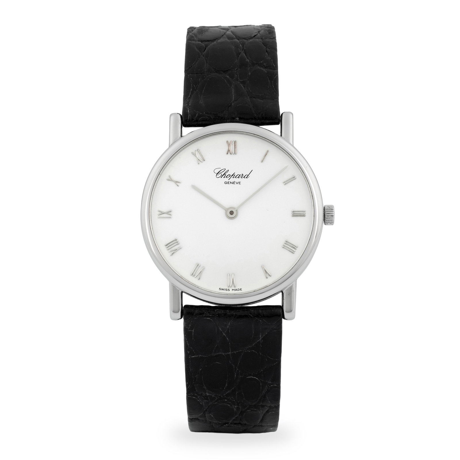 Chopard Classic in 18k white gold, white dial with applied Roman numerals, with original box, circa: Brand: Chopard Model: Classic Year: circa 1990 Reference: 16/3154 Dial: White Case No.: 520.XXX Movement: Manual winding Material: 18k white gold Strap: Leather Size: 34 mm Accessories: Original box .