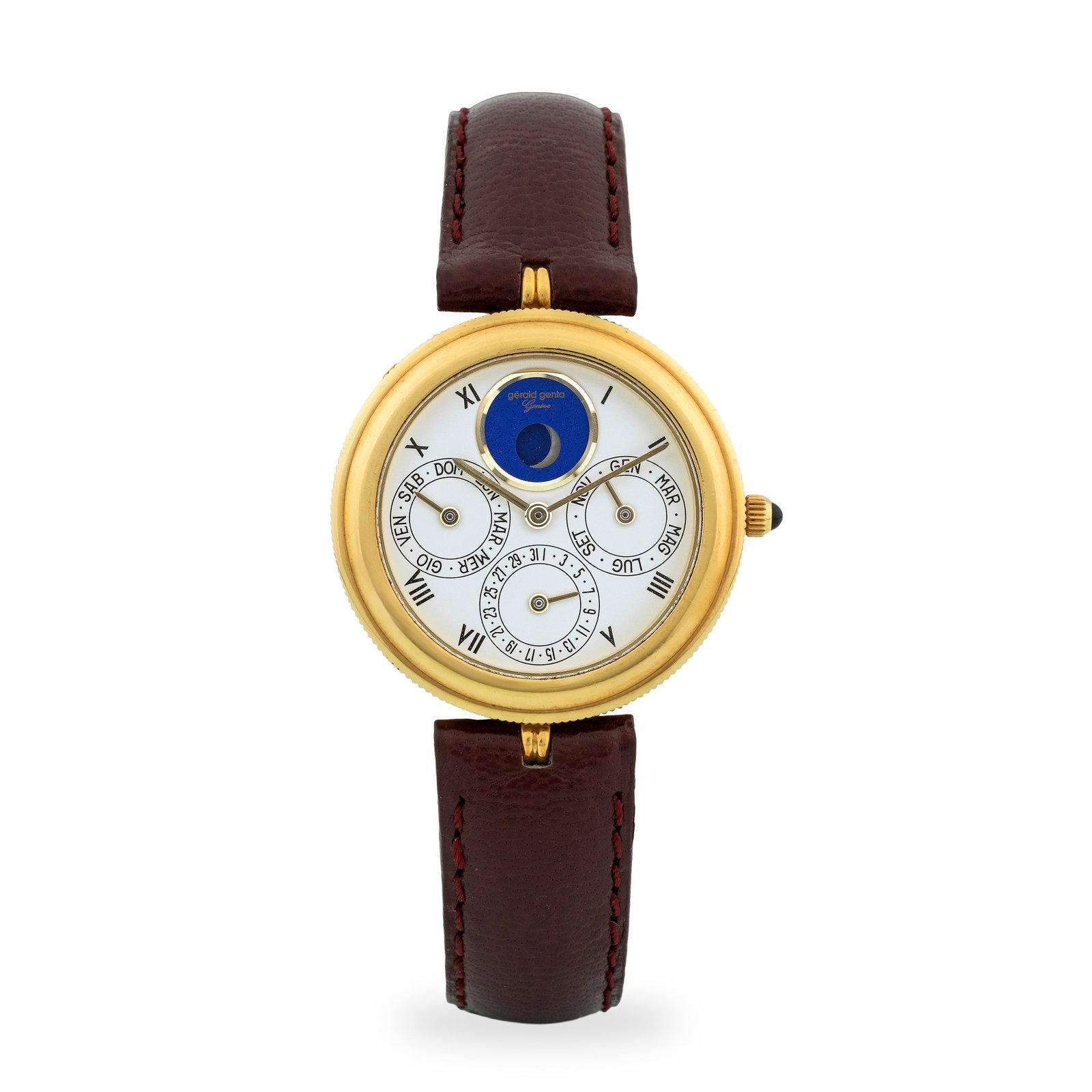 Gerald Genta Demi Perpetuelle ref. G 2426/4 in 18k yellow gold with Vendome lugs, silver dial with: Brand: Gérald Genta Model: Demi Perpetuelle Year: circa 1990 Reference: G 2426/4 Dial: Silver Case No.: 25.809 Movement: Automatic Cal: 926 Movement No.: 1.553 Material: 18k yellow gold Strap: Le