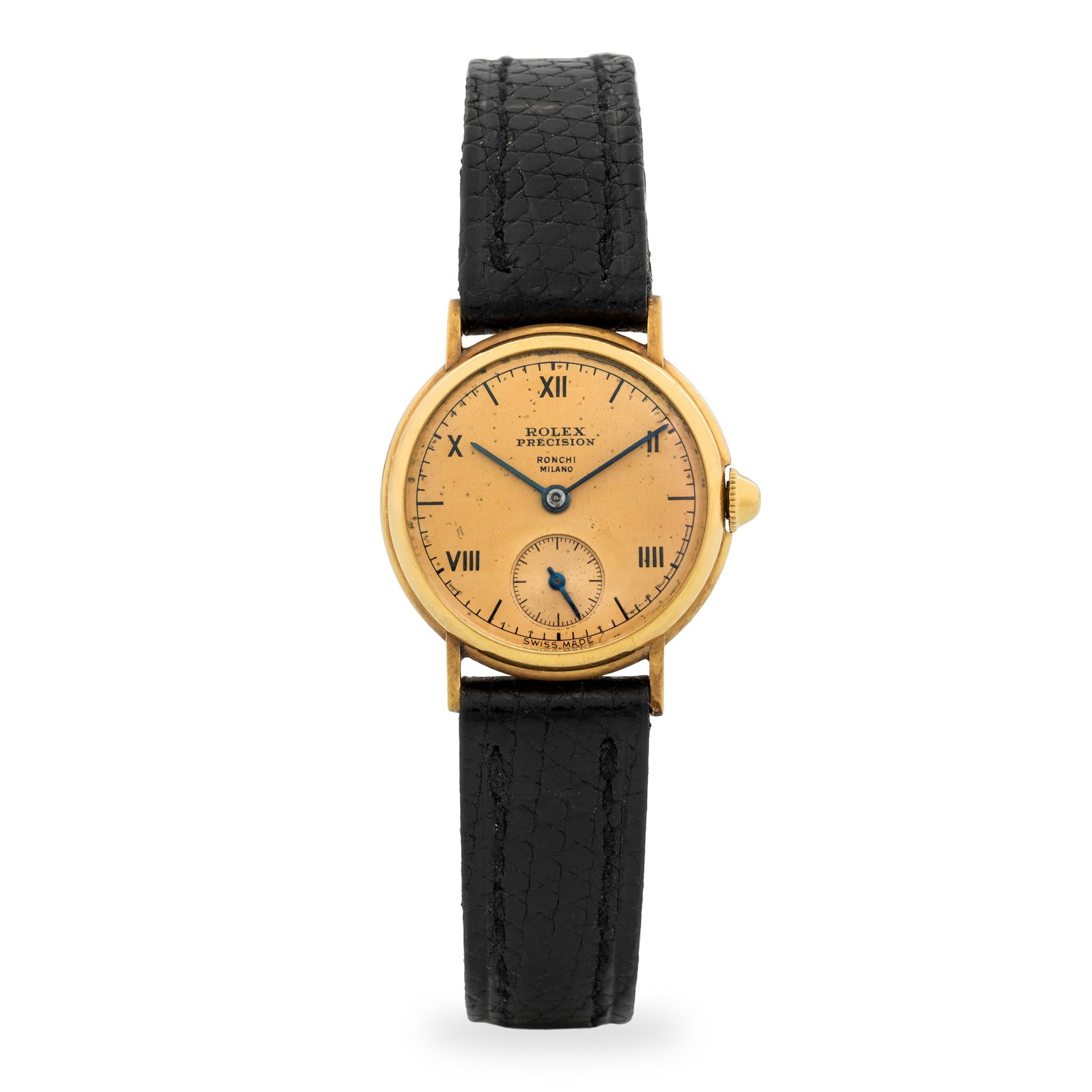 Rolex Time-only in 18k yellow gold, champagne dial signed “Ronchi Milano” with Roman: Brand: Rolex Model: Solo tempo Year: circa 1938 Reference: 3747 Dial: Champagne Case No.: 54.XXX Movement: Manual winding Material: 18k yellow gold Strap: Leather Size: 23 mm . Misure: