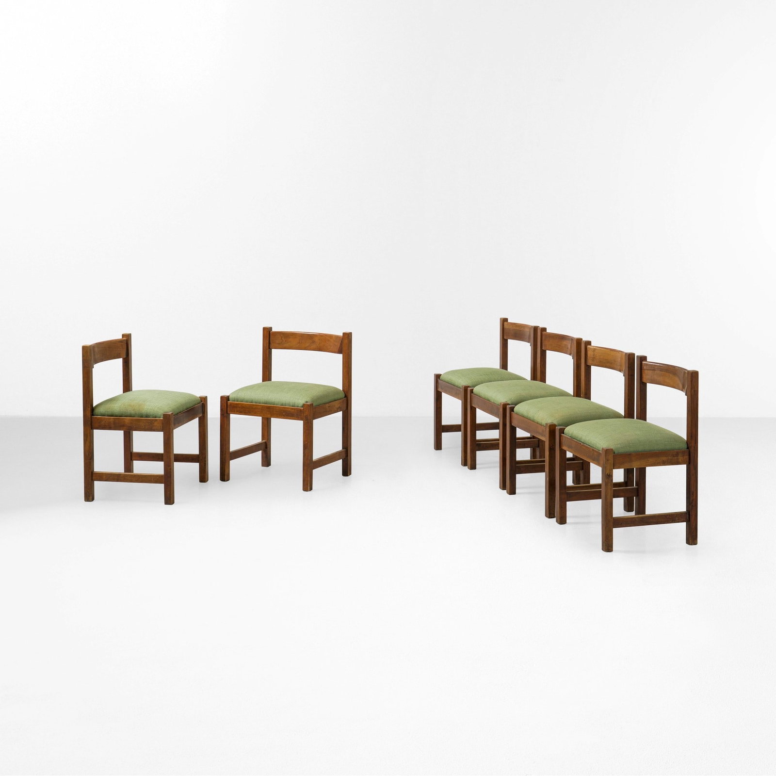 Giovanni Michelucci Sei sedie mod. Torbecchia: Struttura in legno e rivestimento in tessuto. Firma a fuoco. Prod. Poltronova Italia 1960 ca. . Measuers: cm 56X60X75