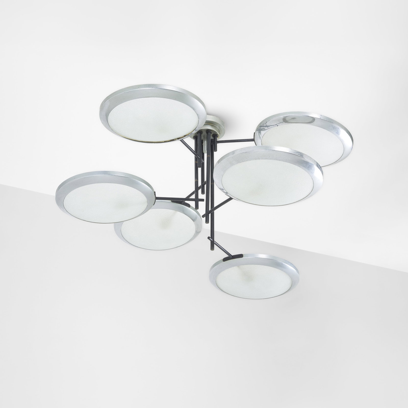 Stilnovo Pendant lamp.: Nickel-plated brass and lacquered metal structure. Lunare (Moon) curved glass diffusers. Stilnovo, Italy, c. 1950. . Measuers: cm 48X105