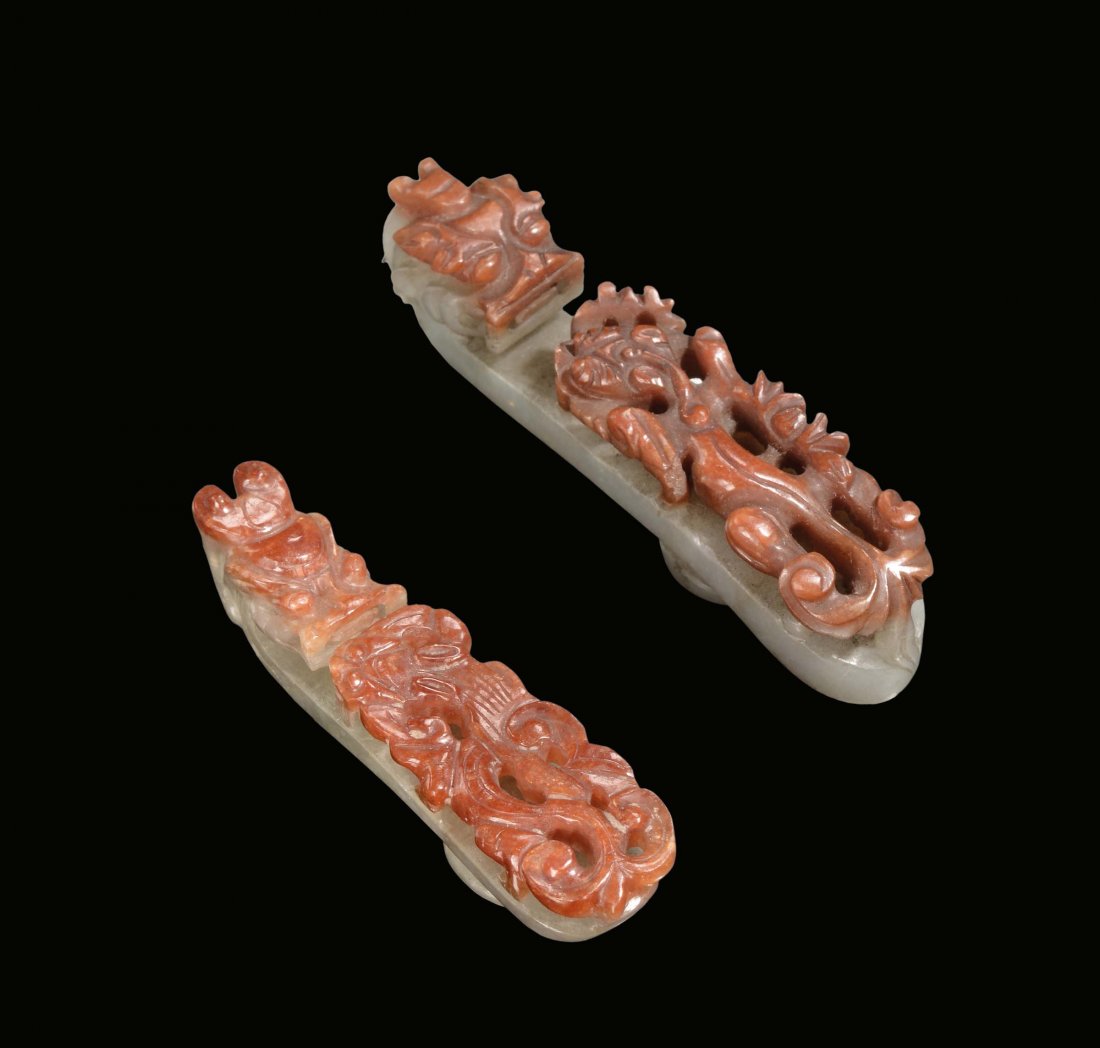 Two white Celadon jade and carnelian agate, China, Qing: cm 7,7 and cm 6,8