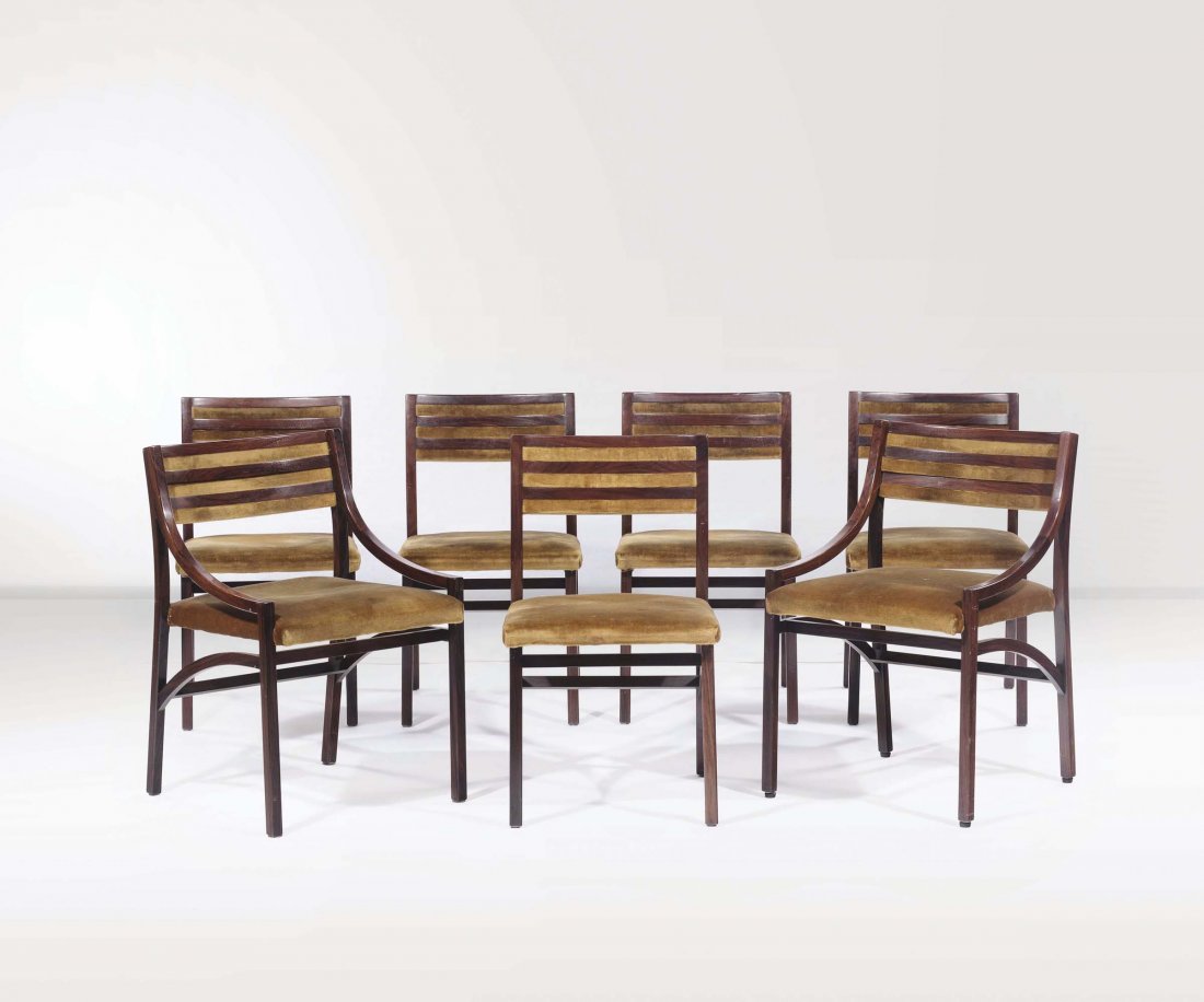 Ico Parisi Sette sedie in mogano e noce con: cm 80x50x50 Bibliografia: G. Gramigna, Repertorio del design italiano per lâ€™arredamento domestico 1950-2000, p. 81, Allemandi, 2003.