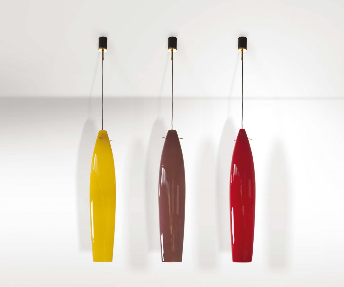 Alessandro Pianon. Tre lampade da sospensione in vetro: cm 78x16