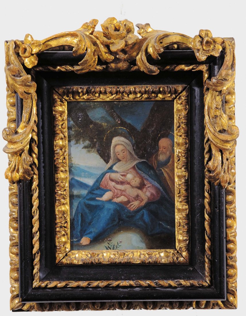 Scuola dell'Italia centrale del XVII secolo Sacra: olio su rame entro bella cornice in legno ebanizzato e dorato con fascia modanata arricchita da intagli dorati ad ovuli, cordoni e foglie d'acanto, Italia centrale XVII secolo, cm 26,5x20,5