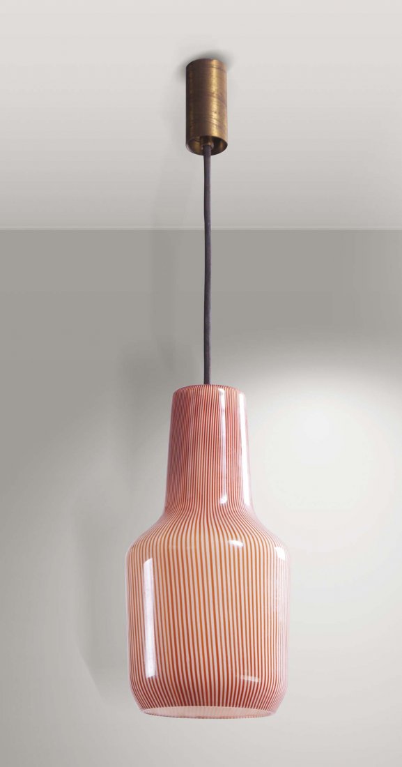 Massimo Vignelli,: Lampada da sospensione in vetro di Murano, lavorazione a canne. Prod. Venini, Italia, 1950 ca. cm 70x15