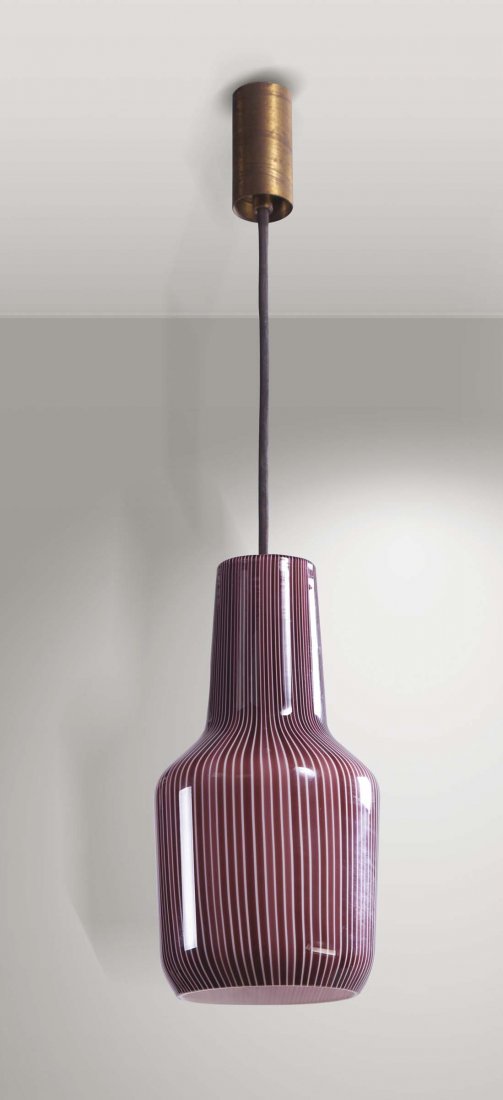 Massimo Vignelli,: Lampada da sospensione in vetro di Murano, lavorazione a canne. Prod. Venini, Italia, 1950 ca. cm 70x15