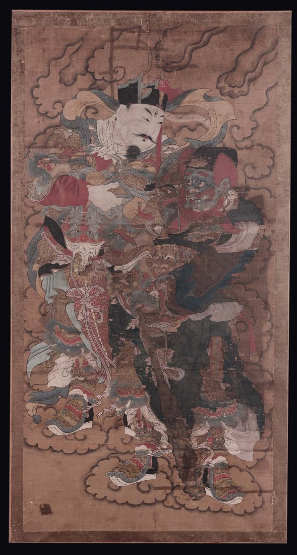 Painting on paper depicting pair of warriors, China,: il dignitario regge un vessilo, mentre l'uomo dal volto animalesco tiene una clava nella mano sinistra cm 73x140