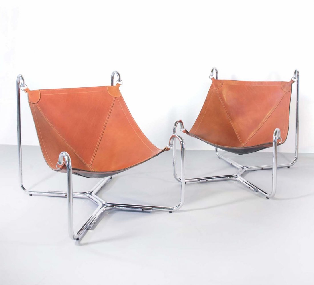 Gianni Pareschi, Ezio Didone (DAM), Baffo: Due poltrone in cuoio con struttura in acciaio cromato Prod. Busnelli 1969, cm 96x79x89, Bibl.: Catalogo Busnelli