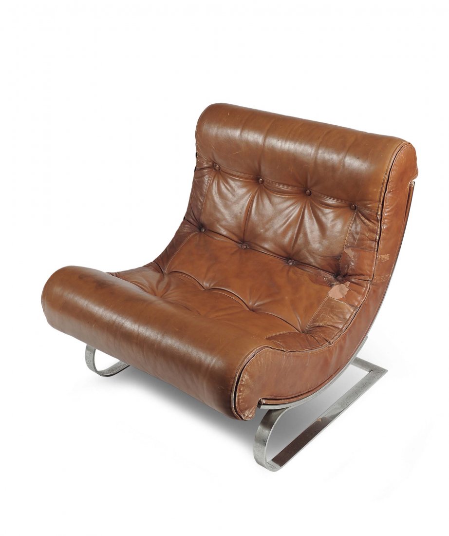 Formanova,: Poltrona basculante in acciaio cromato con rivestimento in cuoio. Prod, Formanova 1970 circa cm 75x90x78