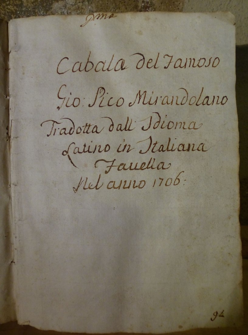 Cabala manoscritta - Pico della Mirandola, Cabala del: Ex libris Maraldiana.2 carte e 80 pagine numerate.Secolo XVIII (1706). Con tavole e schemi figurati. Rara copia volgare di questa opera esoterica di Pico della Mirandola.