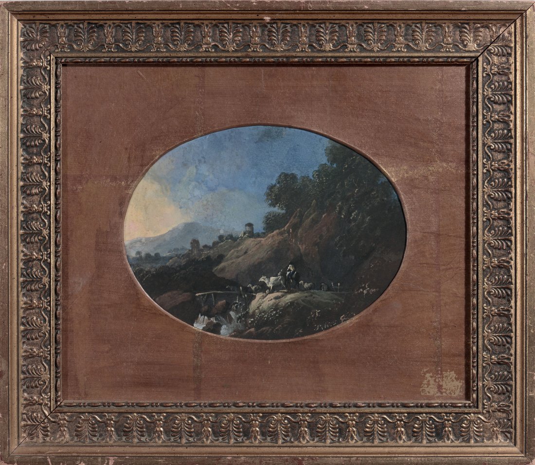 Jean Baptiste Pillement (Lione 1728-1808), Paesaggio: tempera su carta, cm 10,5x20