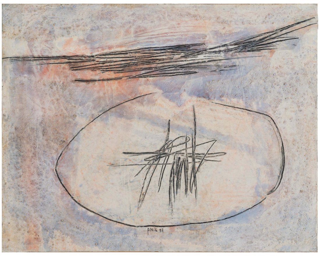 Achille Perilli (1927), La radice della noia, 1958: tecnica mista su tela, cm 50x40, firmato in basso al centro, Provenienza: Galleria Tega, Milano, con timbro autentica su fotografia dell'artista opera pubblicata sul catalogo generale con il n. 45 Esp