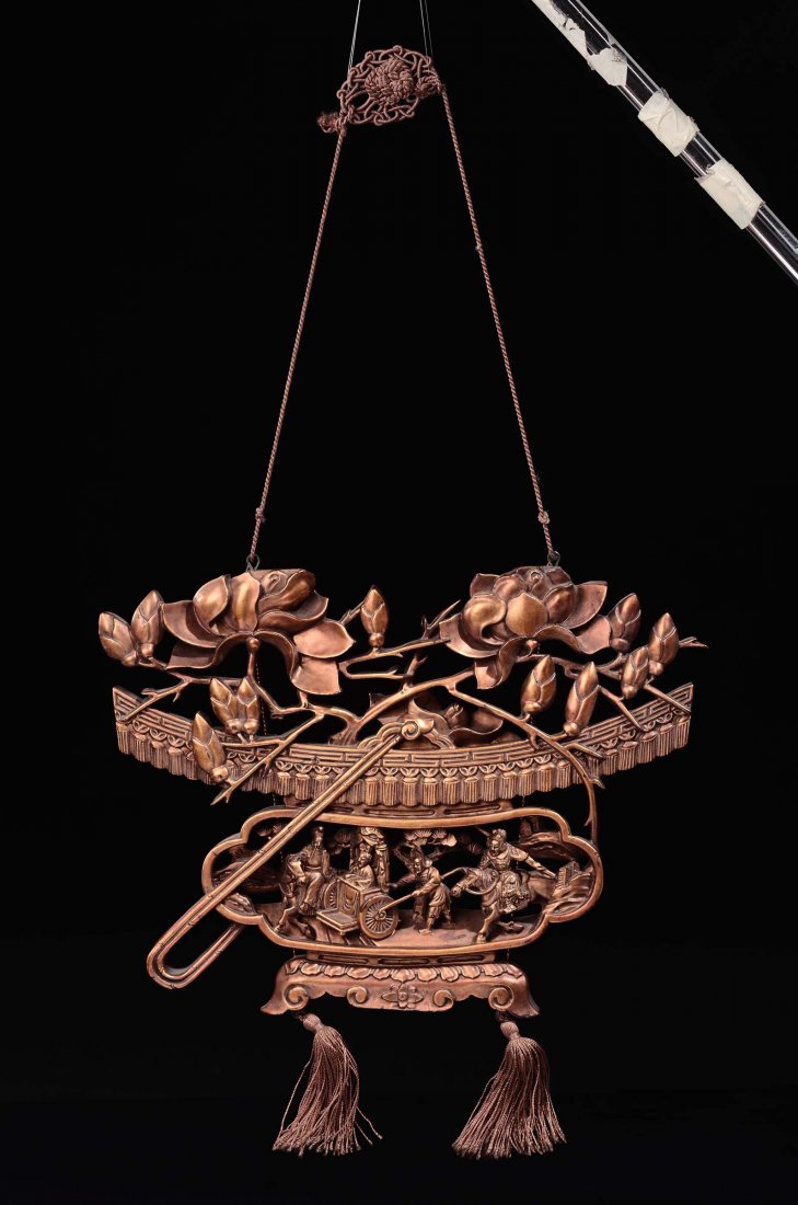 A pair of carved and lacquered wooden decorations with (1 of 2)