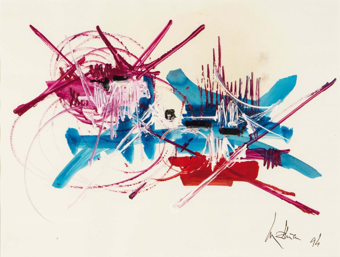 Georges Mathieu (1921-2012), Pleurs Delicieux, 1994: acrilico su carta, cm 57x76, firmato e datato in basso a destra. Autentica su fotografia dellâ€™artista