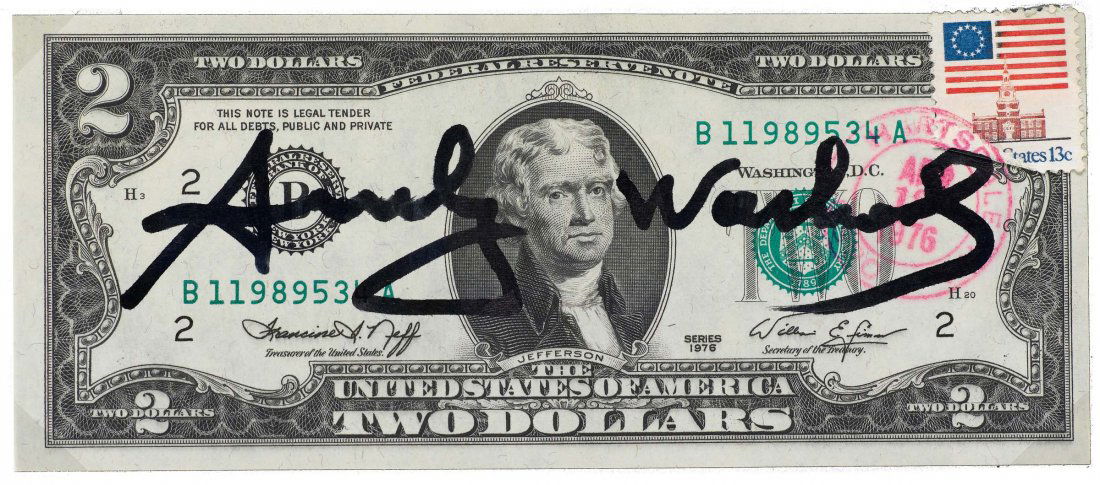 Andy Warhol (1928-1987), Two Dollar Bill, Jefferson: biglietto di banca da due dollari, cm 15,5x6,7 firmato al centro