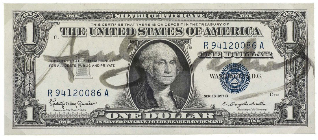 Andy Warhol (1928-1987), One Dollar Bill, 1957: Washington, biglietto di banca da un dollaro, cm 15,5x6,7 firmato al centro