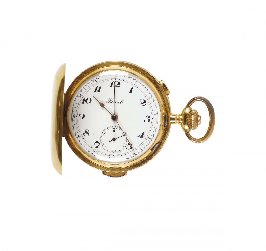 Rocail, Swiss, €œRptition a Minutes Chronographe",: Case: Four-body, "bassine", polished, button at 2 for the start/stop and return-to-zero functions of the chronograph. Hinged gold cuvette engraved with prize medals and technical details, transparent 