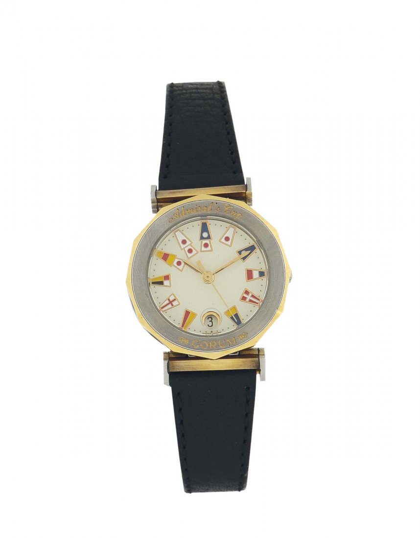 Corum,"Admiral Cup" lady's quartz wristwatch with date.: Case: two body, polished, case back secured by screws, sapphire crystal Dial: white with painted polychrome nautical flags, aperture for the date at 6. Yellow gold baton hands. Movement: with quartz s