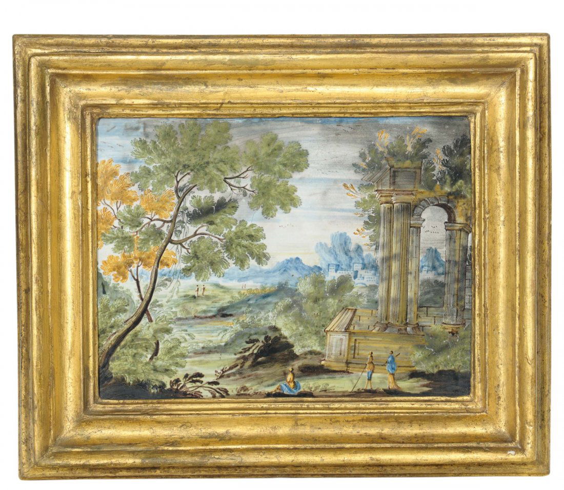 Mattonella Castelli, bottega della prima metÃ del: Maiolica a gran fuoco, dimensione cm 15,5x20,5 Buono stato di conservazione Corpo rettangolare a modesto spessore. Tipica scena campestre prodotta dalle botteghe di Castelli, caratterizzata da alcuni