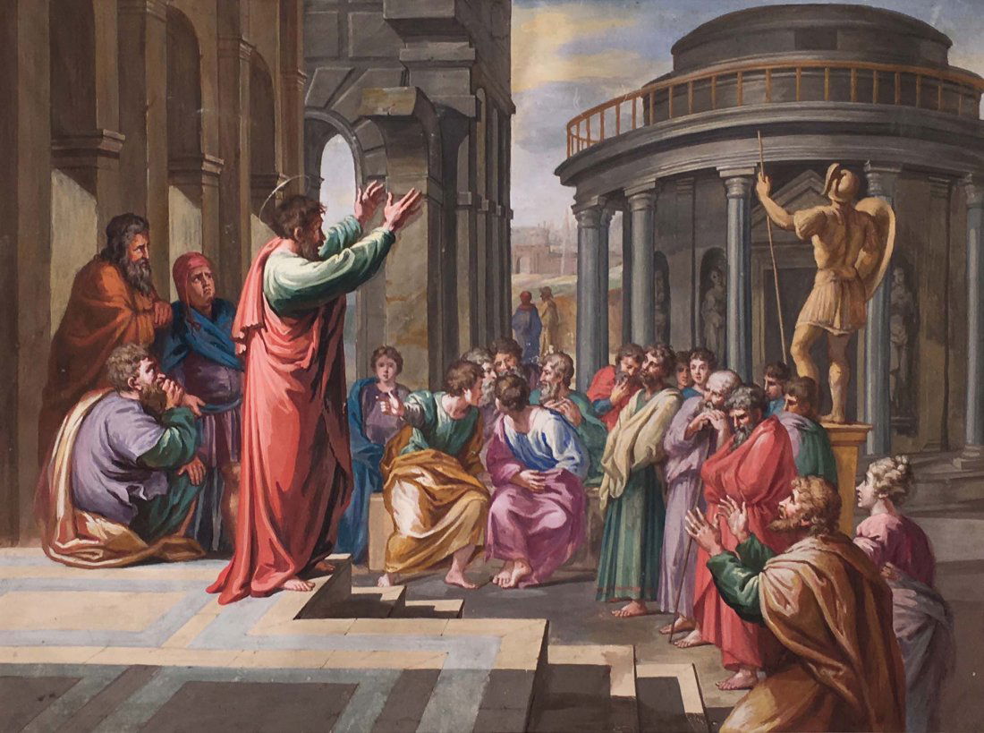 Joseph Goupy (Londra 1689-1769), da Raffaello, Predica: Gouache su carta, cm 35x50, Provenienza: Christies