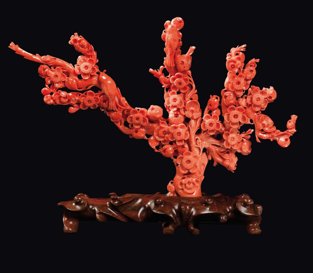 A carved coral branch with flowers and birds, China, (1 of 1)