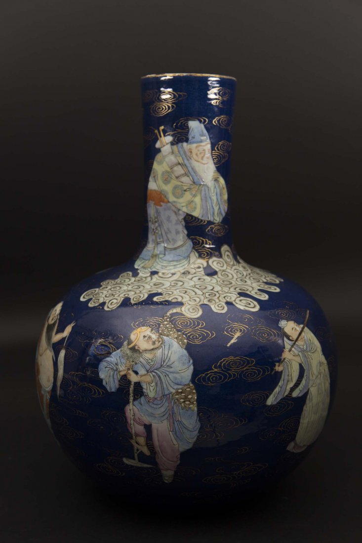 A large Famille Rose blue-ground vase with wise men (1 of 6)