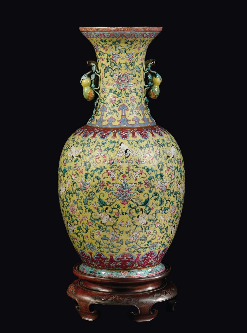 A large yellow-ground porcelain vase with storks and (1 of 5)
