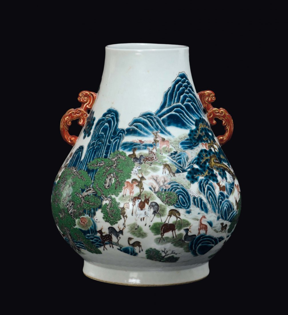 A polychrome enamelled "hundred deer" vase, China, Qing (1 of 5)