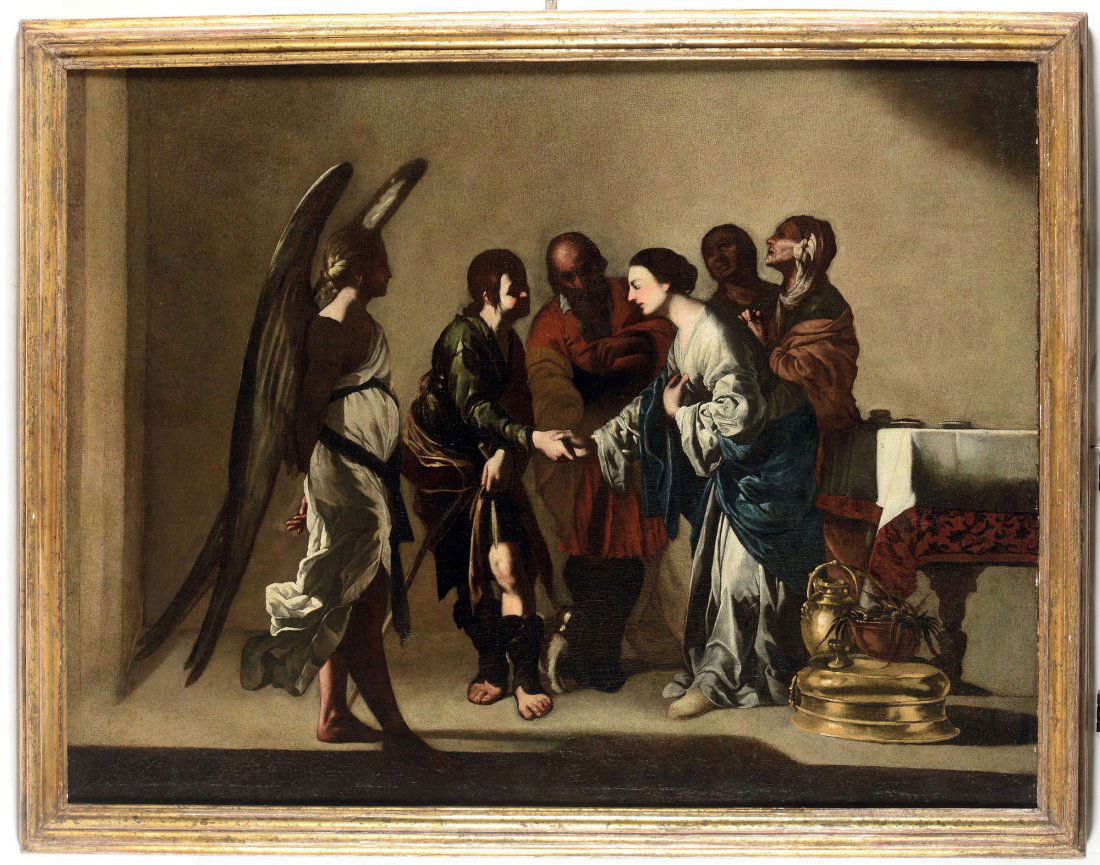 Bernardo Cavallino (Napoli 1616 - 1656), Matrimonio di: olio su tela, cm 99x126, in cornice dorata, NICOLA SPINOSA Grazia e tenerezza â€œin posaâ€. Bernardo Cavallino e il suo tempo 1616-1656, Ugo Bozzi Editore, Roma 2013