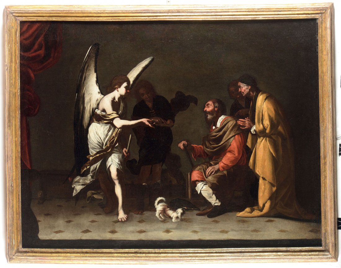 Bernardo Cavallino (Napoli 1616 - 1656), Guarigione di: olio su tela, cm 99x126, in cornice dorata, NICOLA SPINOSA Grazia e tenerezza â€œin posaâ€. Bernardo Cavallino e il suo tempo 1616-1656, Ugo Bozzi Editore, Roma 2013