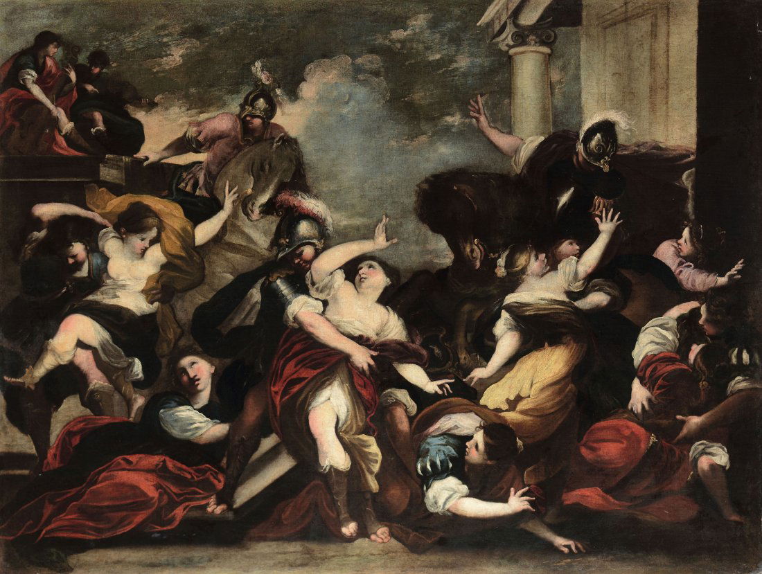 Bartolomeo Biscaino (1632-1657) attribuito a, Ratto: olio su tela, cm 200x150 L'opera, stilisticamente nei modi di Valerio Castello, puÃ² essere riconducibile alla mano del suo allievo Bartolomeo Biscaino Perizia su fotografia di Piero Pagano del 1967