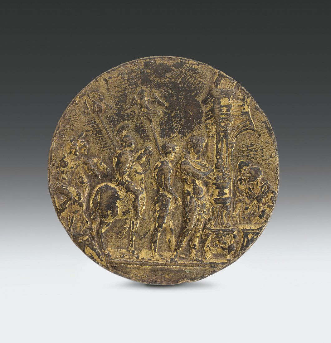 Placchetta tonda in bronzo fuso, cesellato e dorato: Diametro cm 5,5, Cfr.: Placchette. Secoli XV-XIX, Musei civici di Brescia, ed. Neri Pozzi 1974, pag.20