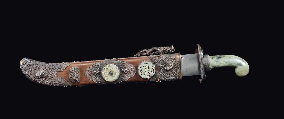 A dagger with handle and scappard with white jade and (1 of 7)